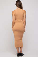 Camel Ribbed Maternity Fitted Midi Dress