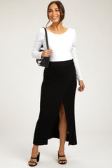 Black Ribbed Knit Wrap Maternity Maxi Skirt