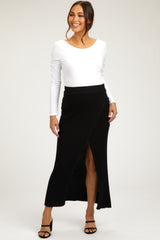 Black Ribbed Knit Wrap Maternity Maxi Skirt