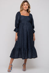 Navy Blue Metallic Jacquard Floral Maternity Midi Dress