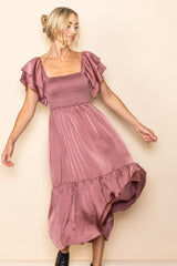 Mauve Satin Flutter Sleeve Midi Dress