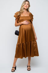 Camel Satin Flutter Sleeve Maternity Midi Dress