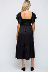 Black Satin Flutter Sleeve Maternity Midi Dress