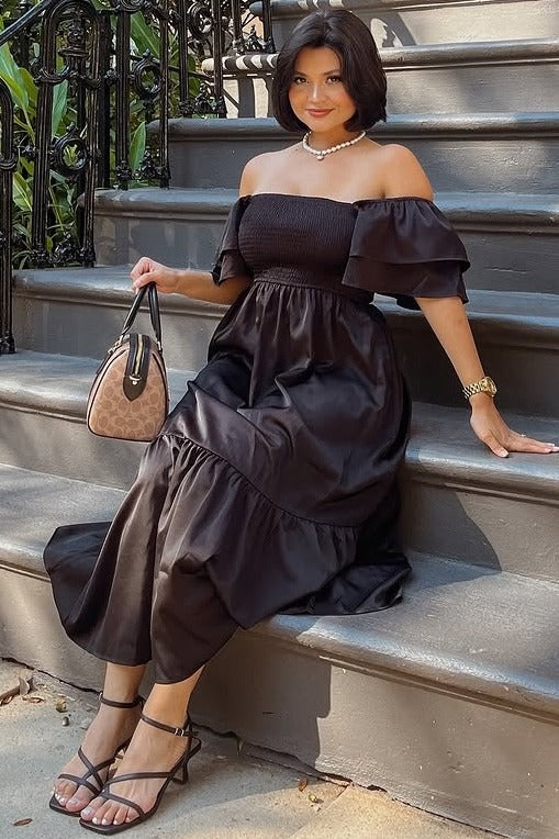 Black Satin Flutter Sleeve Midi Dress