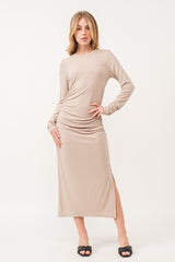 Beige Ruched Long Sleeve Maternity Midi Dress