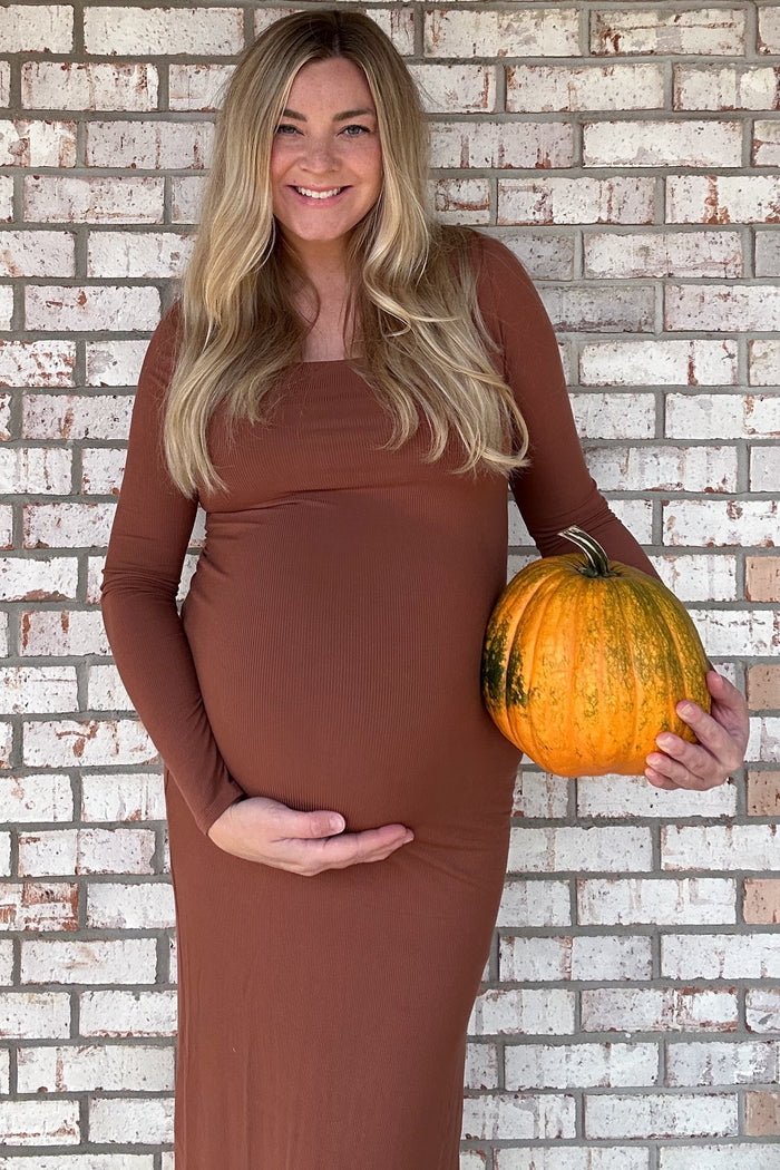 Brown Ribbed Side Slit Maternity Midi Dress