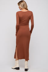 Brown Ribbed Side Slit Maternity Midi Dress