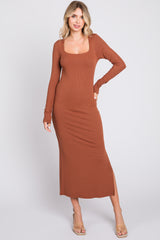 Brown Ribbed Side Slit Maternity Midi Dress