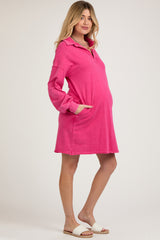 Fuchsia Collared French Terry Raw Edge Maternity Dress