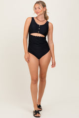 Black Scalloped Cutout Ruched One Piece Swimsuit