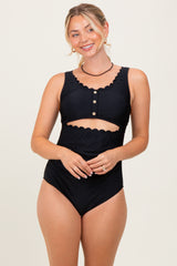 Black Scalloped Cutout Ruched One Piece Swimsuit
