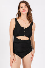 Black Scalloped Cutout Ruched One Piece Swimsuit