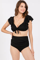 Black Ribbed Ruffle Shoulder Front Tie High Waist Two-Piece Swimsuit