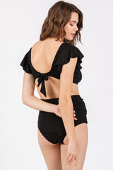 Black Ribbed Ruffle Shoulder Front Tie High Waist Two-Piece Swimsuit