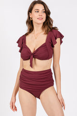 Burgundy Ribbed Ruffle Shoulder Front Tie High Waist Two-Piece Maternity Swimsuit