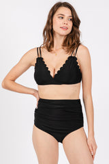 Black Scalloped V-Neck High Waist Two-Piece Swimsuit