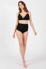 Black Scalloped V-Neck High Waist Two-Piece Swimsuit