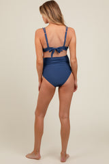 Blue Scalloped V-Neck High Waist Two-Piece Maternity Swimsuit
