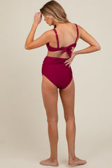 Magenta Scalloped V-Neck High Waist Two-Piece Maternity Swimsuit