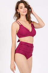 Magenta Scalloped V-Neck High Waist Two-Piece Swimsuit