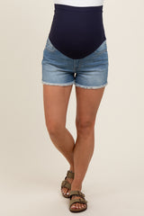 Blue Distressed Fringe Hem Maternity Denim Shorts