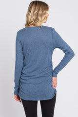 Blue Soft Knit Button Shoulder Ruched Side Top