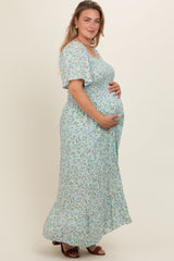 Mint Floral Smocked Plus Maternity Maxi Dress