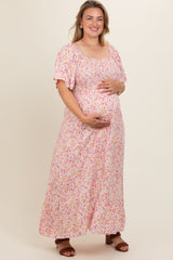 Light Pink Floral Smocked Plus Maternity Maxi Dress