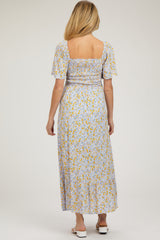 Light Blue Floral Smocked Maternity Maxi Dress