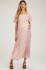 Light Pink Floral Smocked Maternity Maxi Dress