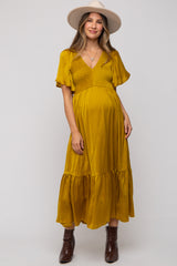 Gold Satin Smocked Maternity Midi Dress