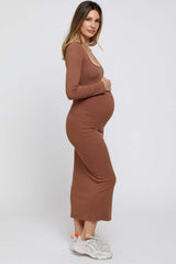 Mocha Ribbed Scoop Neck Maternity Midi Dress