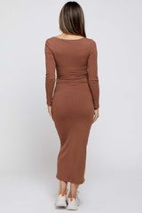 Mocha Ribbed Scoop Neck Maternity Midi Dress