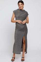 Grey Glitter Mock Neck Maternity Midi Dress