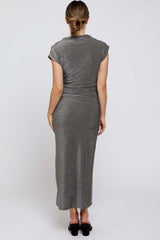 Grey Glitter Mock Neck Maternity Midi Dress