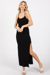 Black Ribbed Sleeveless Side Slit Dress