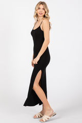 Black Ribbed Sleeveless Side Slit Dress