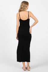 Black Ribbed Sleeveless Side Slit Dress