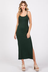 Forest Green Ribbed Sleeveless Side Slit Maternity Dress