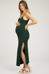 Forest Green Ribbed Sleeveless Side Slit Maternity Dress