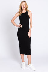 Black Sleeveless Ribbed Fitted Maternity Midi Dress