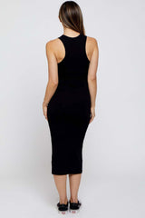 Black Sleeveless Ribbed Fitted Maternity Midi Dress