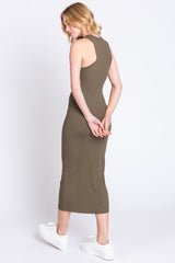 Olive Sleeveless Ribbed Fitted Maternity Midi Dress