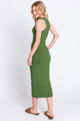 Green Sleeveless Ribbed Fitted Midi Dress