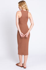 Mocha Sleeveless Ribbed Fitted Midi Dress