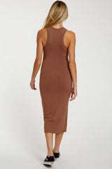 Mocha Sleeveless Ribbed Fitted Maternity Midi Dress