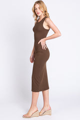 Brown Sleeveless Ribbed Fitted Midi Dress