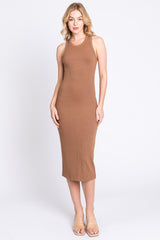 Camel Sleeveless Ribbed Fitted Midi Dress