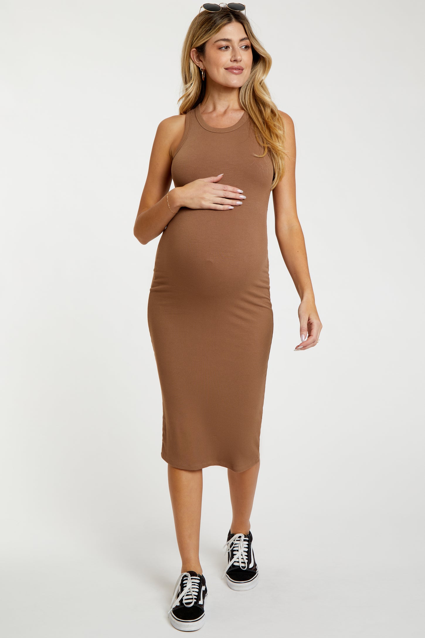 Camel Sleeveless Ribbed Fitted Maternity Midi Dress