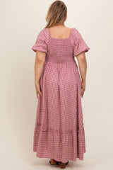 Pink Plaid Puff Sleeve Maternity Plus Maxi Dress